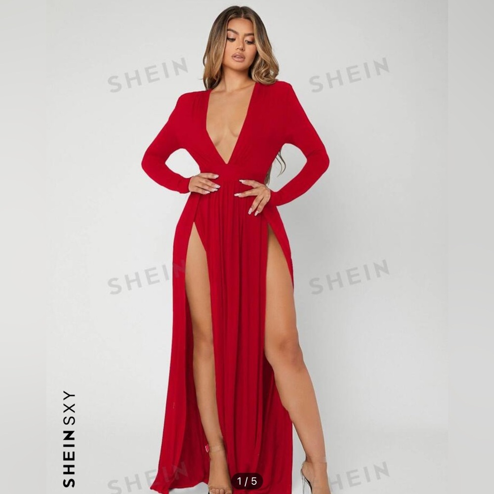 Plunging Neck High Split Dress